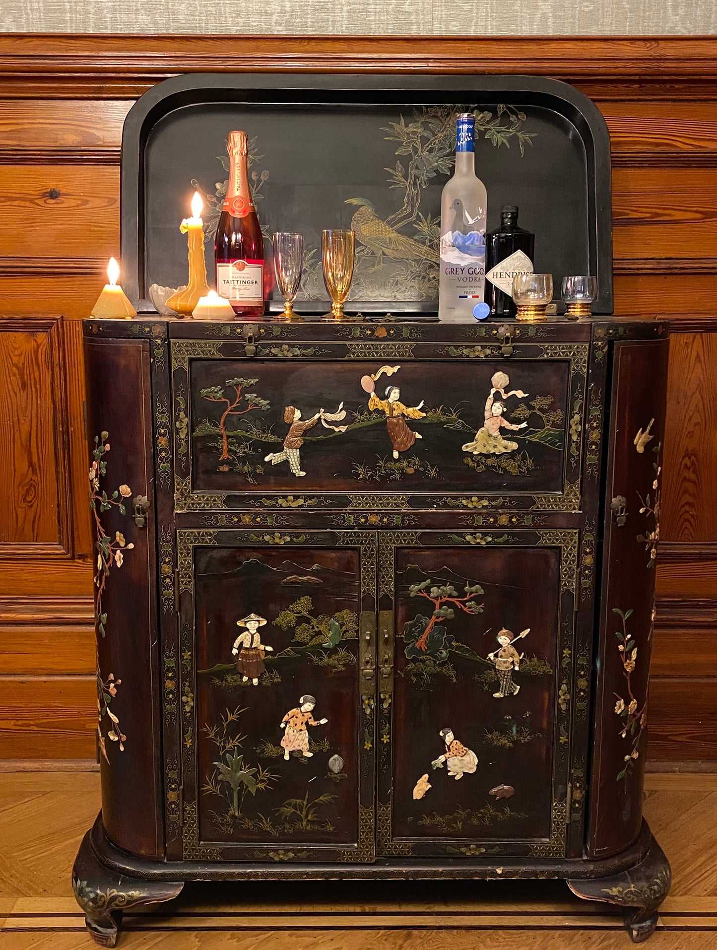 Chinese black lacquer & soap stone cocktail cabinet