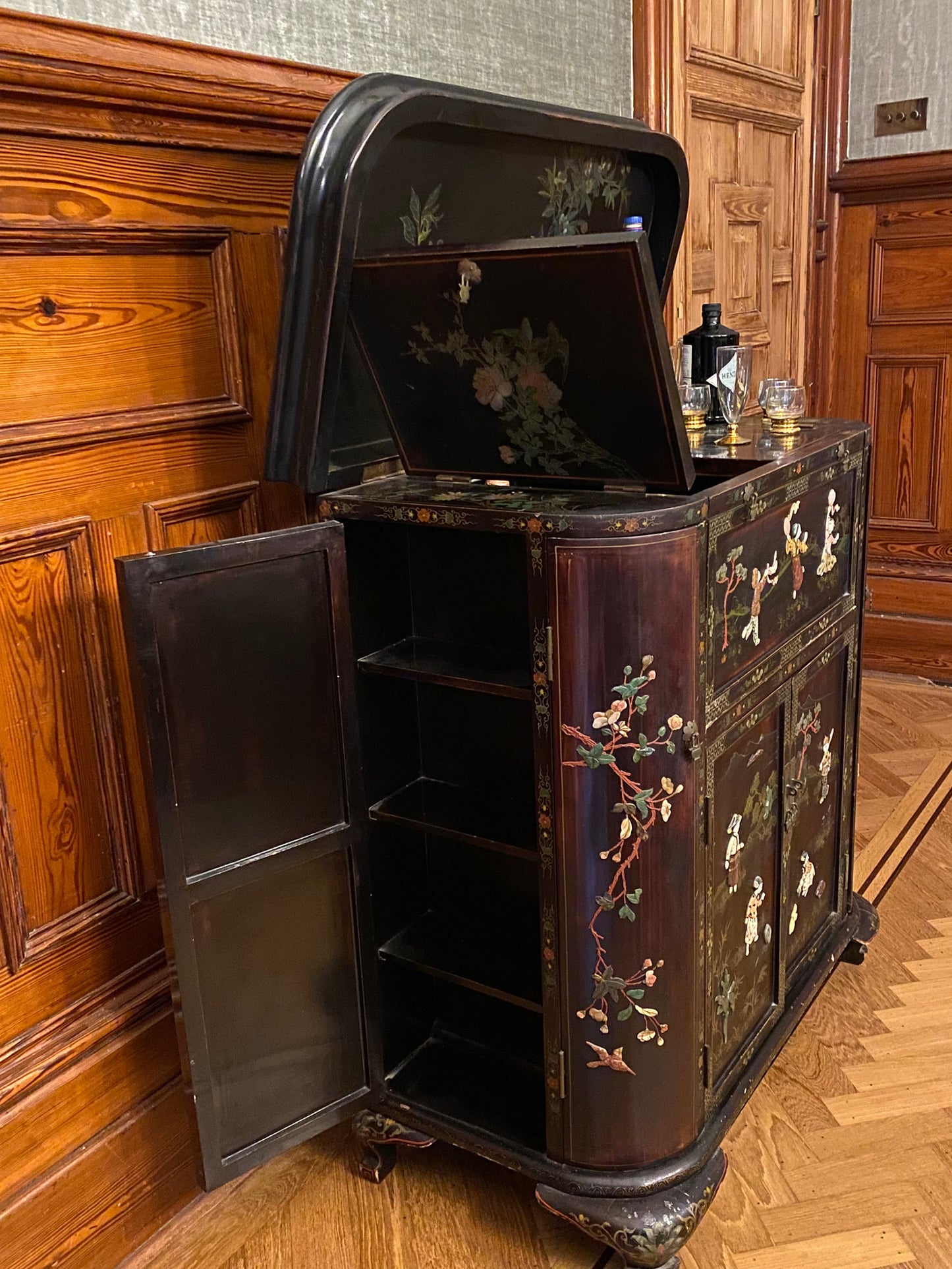 Chinese black lacquer & soap stone cocktail cabinet