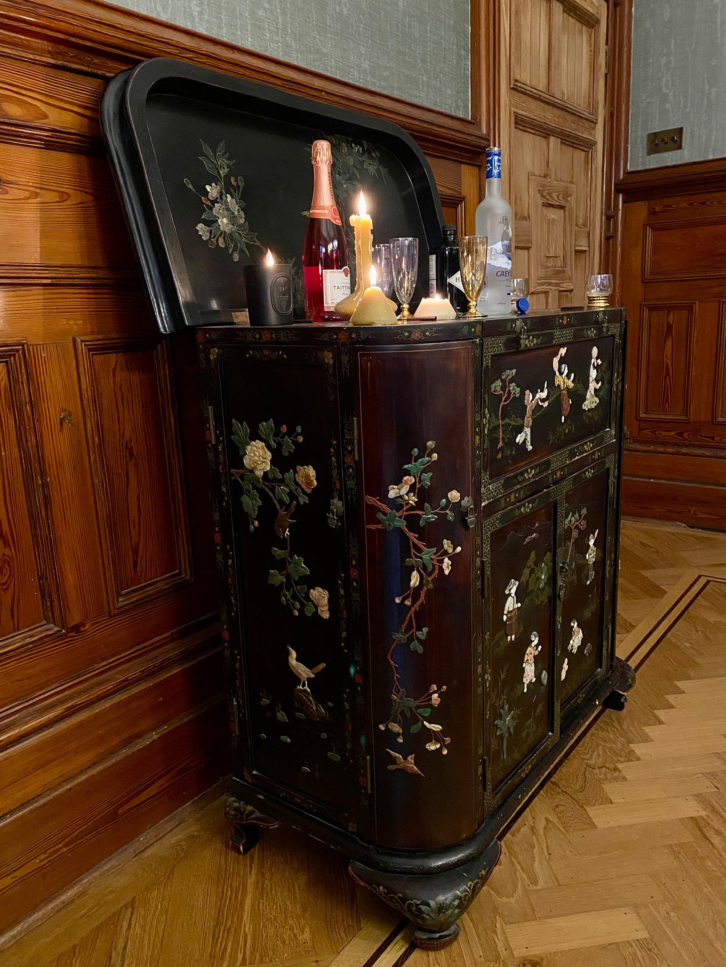 Chinese black lacquer & soap stone cocktail cabinet