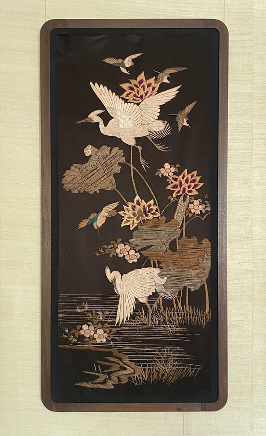 Early 20th Century Embroidered Chinese/Oriental Silk Screen (Framed, 1/3)
