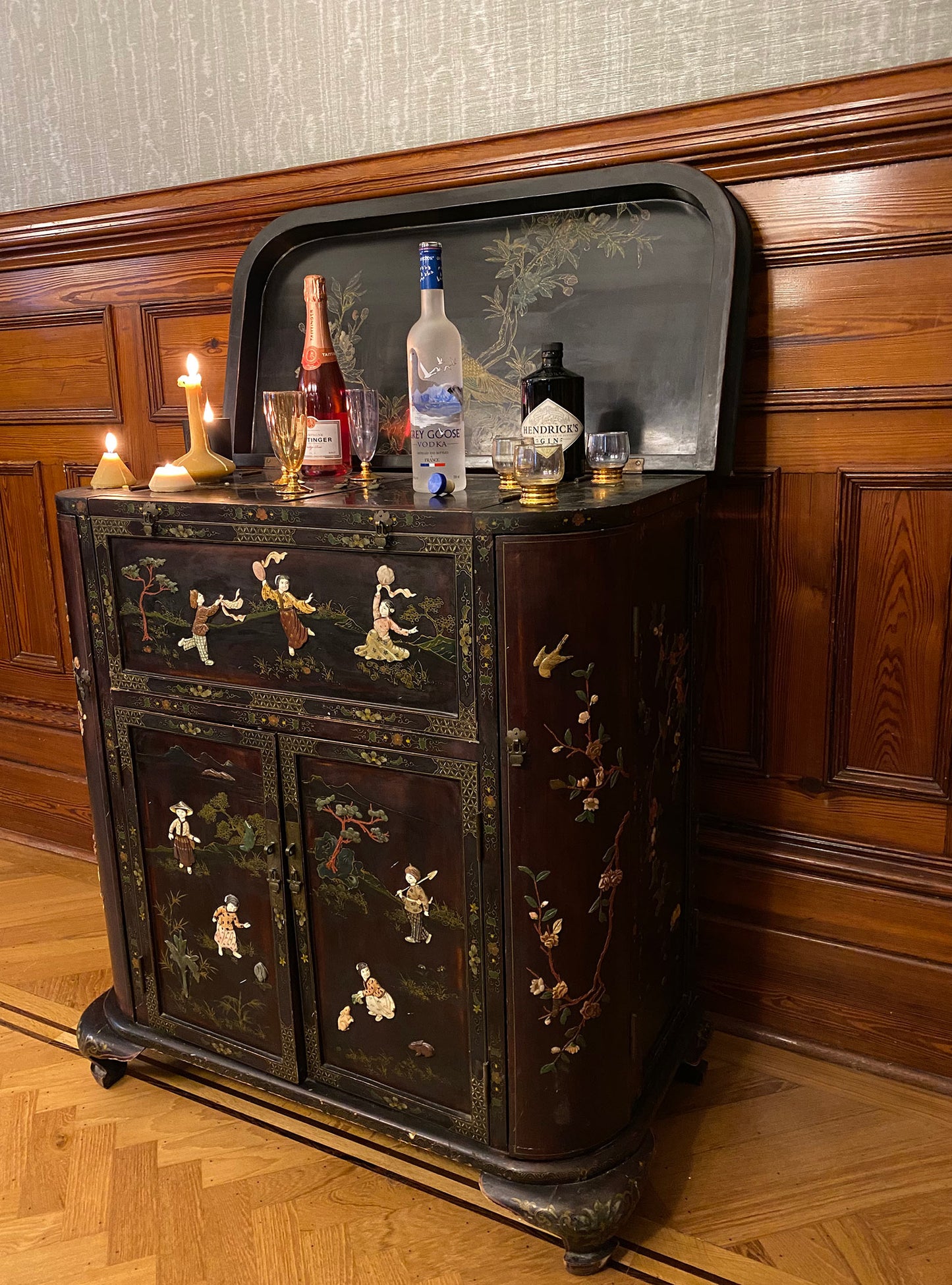 Chinese black lacquer & soap stone cocktail cabinet