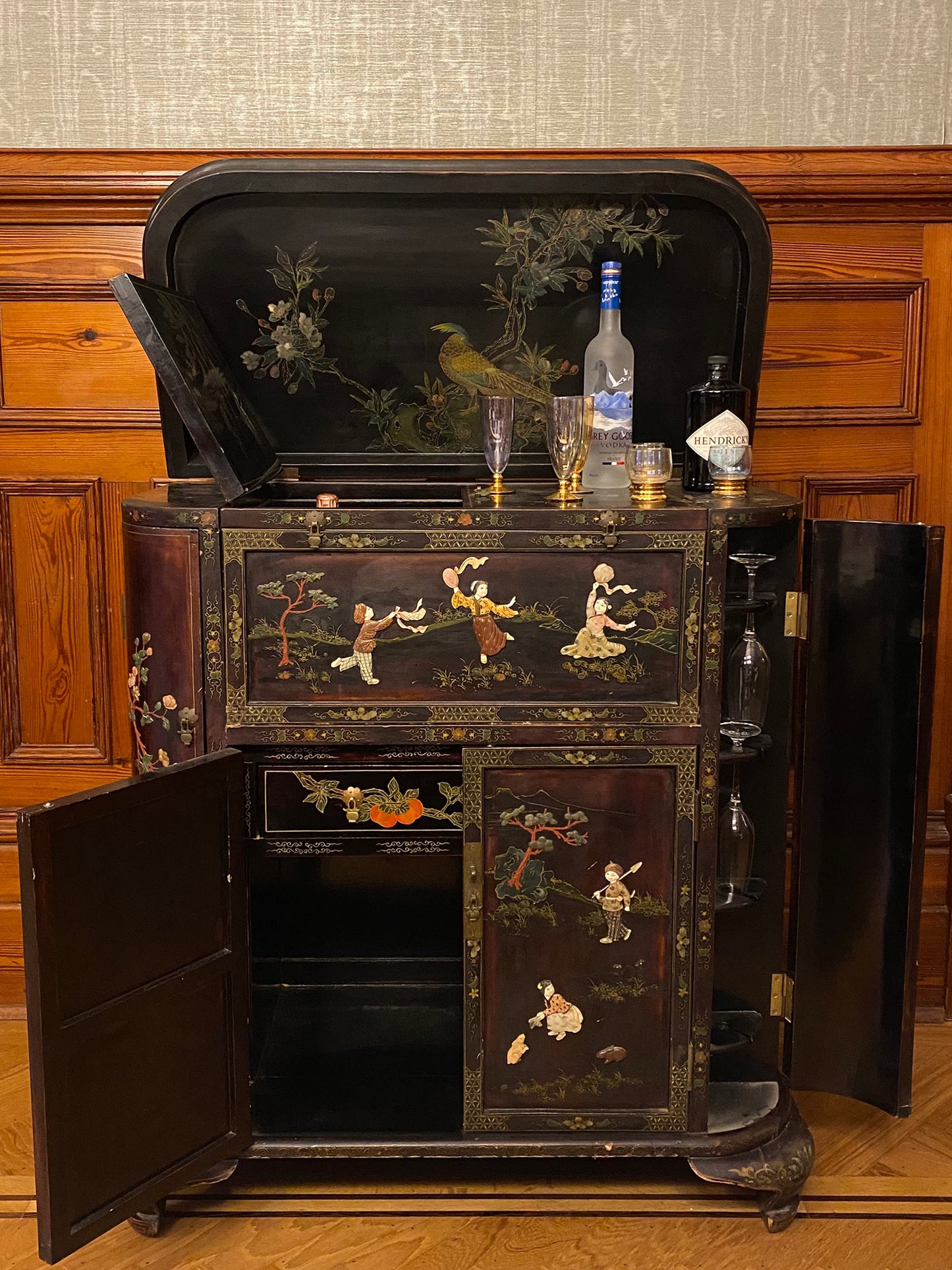 Chinese black lacquer & soap stone cocktail cabinet