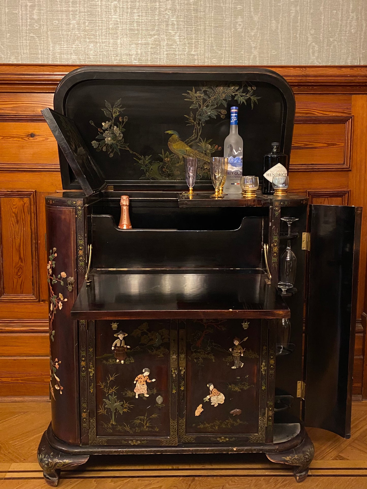 Chinese black lacquer & soap stone cocktail cabinet