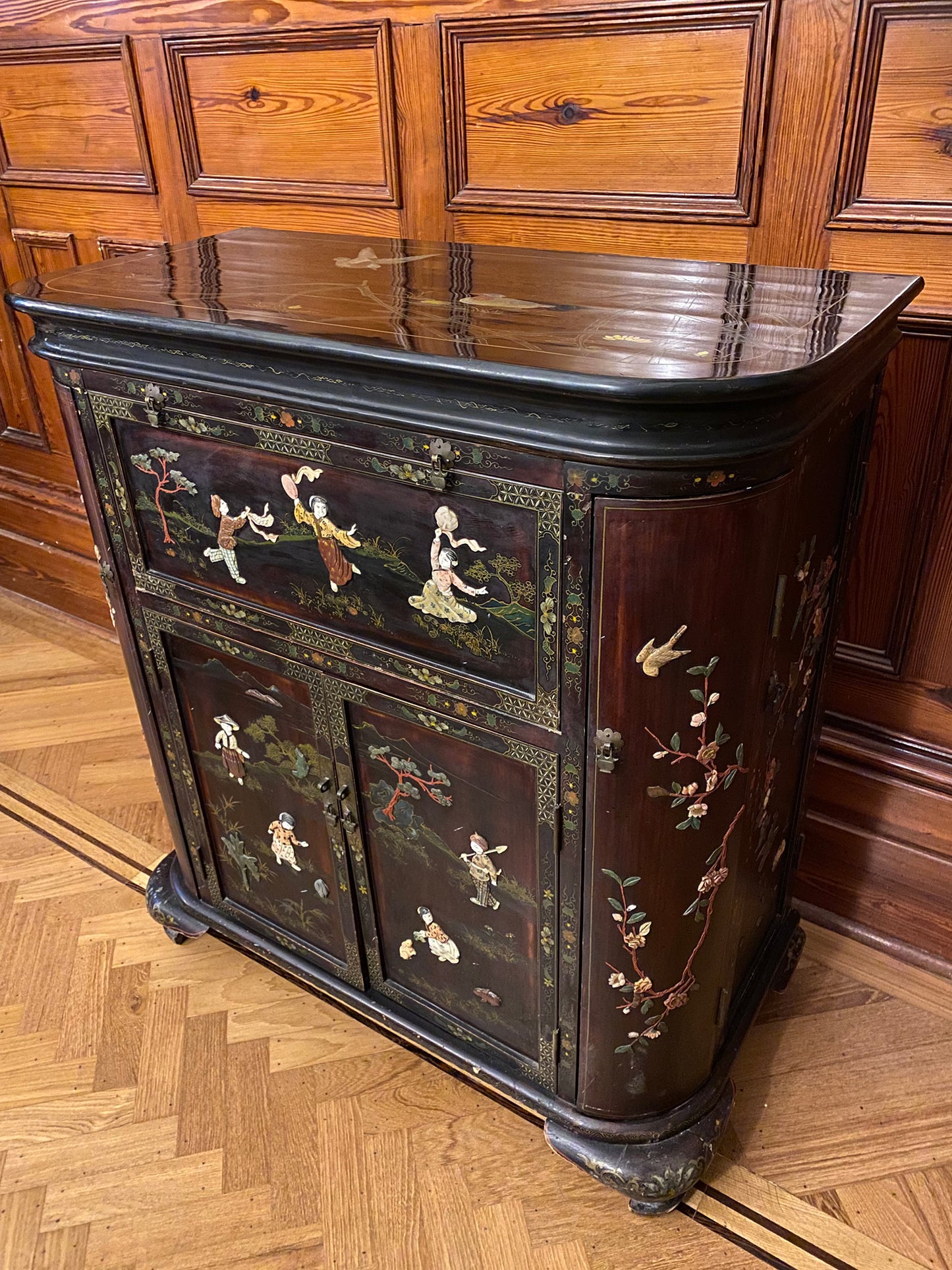 Chinese black lacquer & soap stone cocktail cabinet