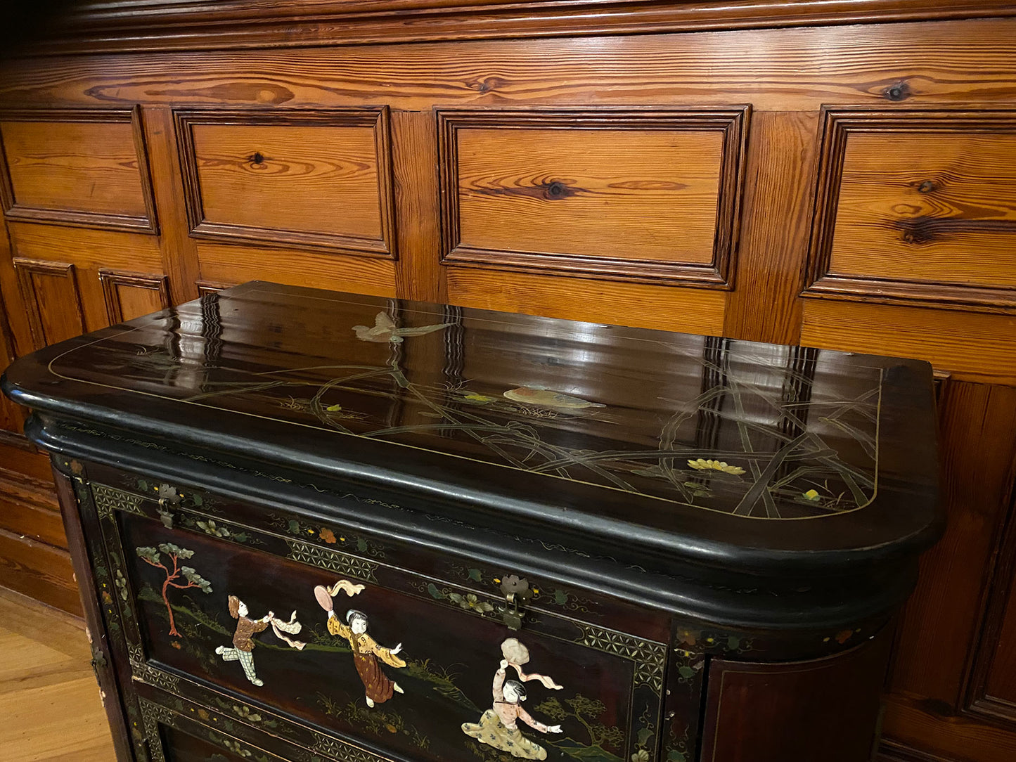 Chinese black lacquer & soap stone cocktail cabinet