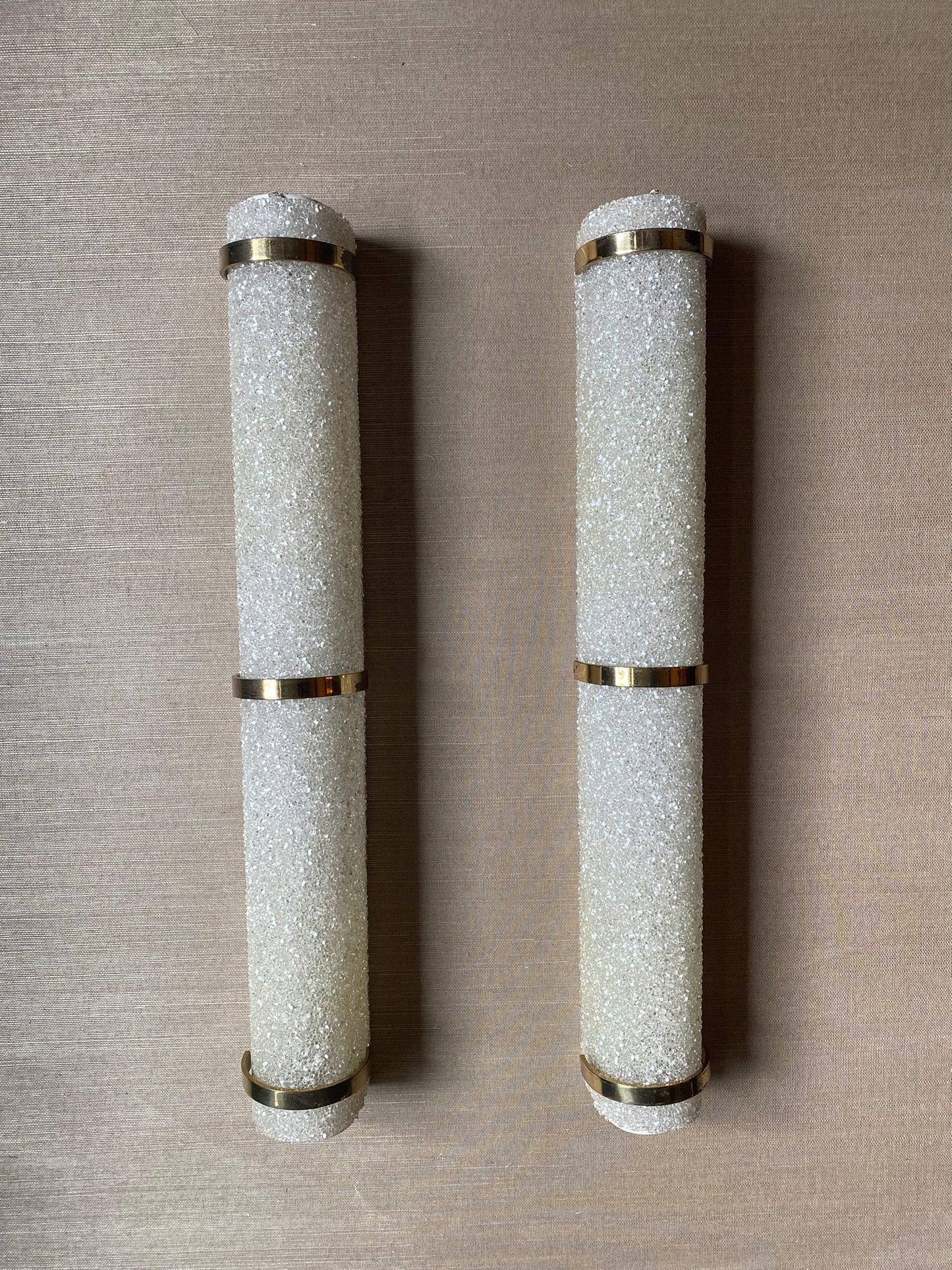 Stunning tubular vintage wall lights with brass coloured metal cuffs