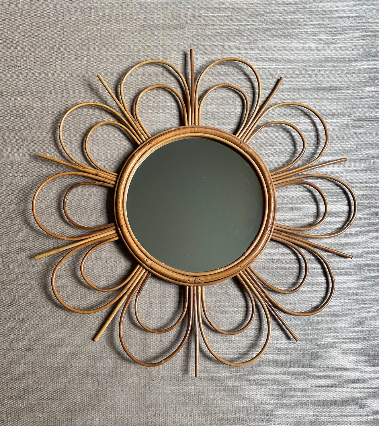 Mid-Century Modern Mirror Bamboo Rattan Handcrafted French Riviera, circa 1960